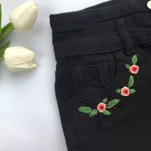 Embroidered Jeans Shorts with Pink Flower Design