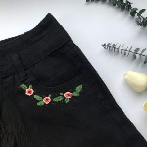 Embroidered Jeans Shorts with Pink Flower Design