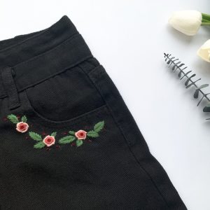 Embroidered Jeans Shorts with Pink Flower Design