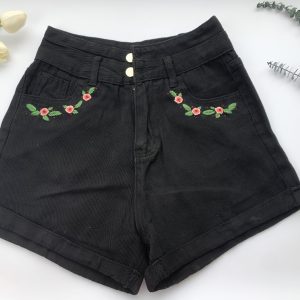 Embroidered Jeans Shorts with Pink Flower Design