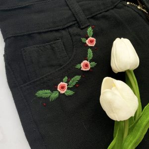 Embroidered Jeans Shorts with Pink Flower Design