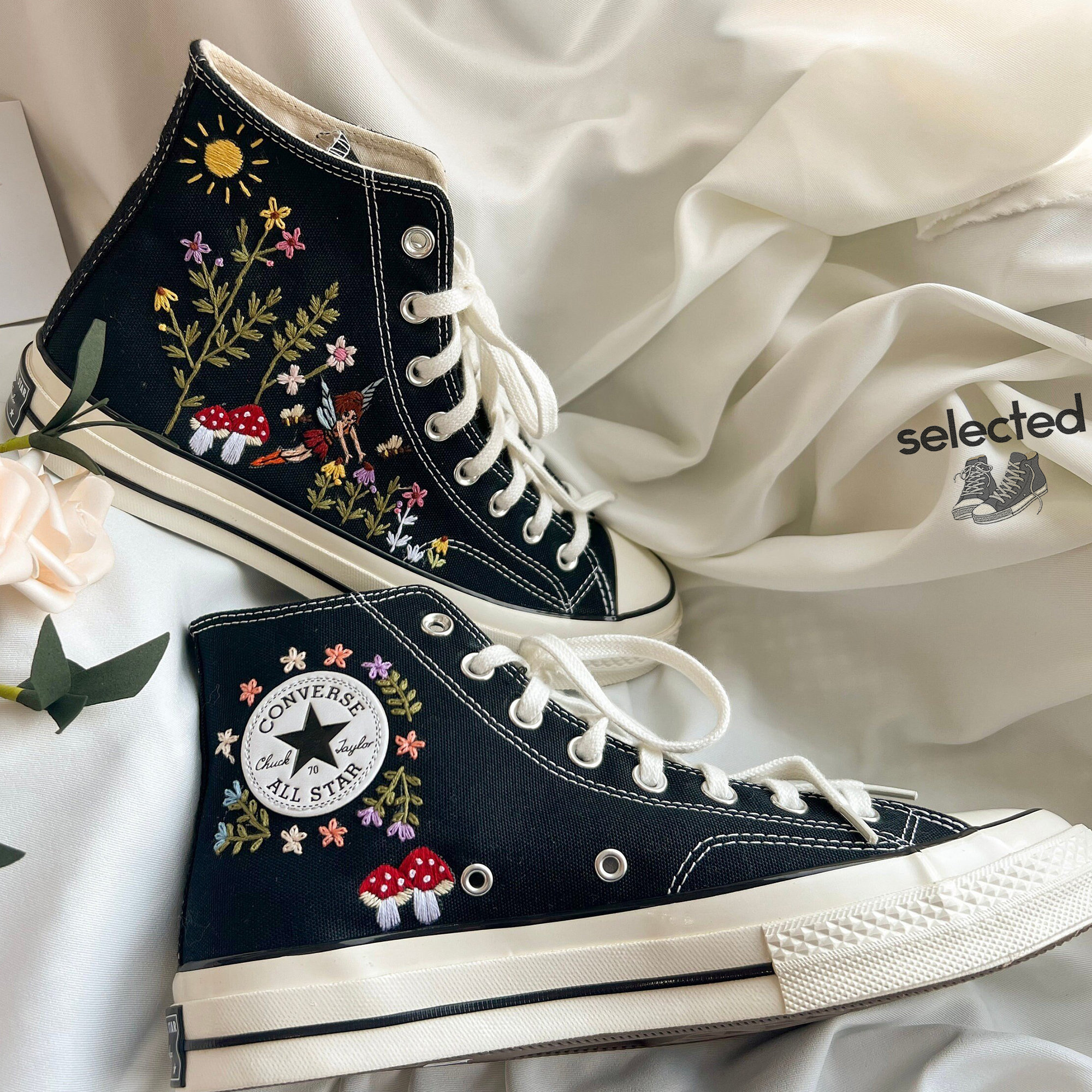 Embroidered Mushroom Flower Chuck Taylor 1970s Sneakers