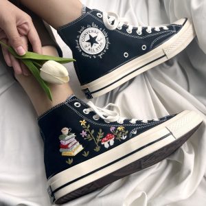 Embroidered Mushroom Flower Converse High Tops