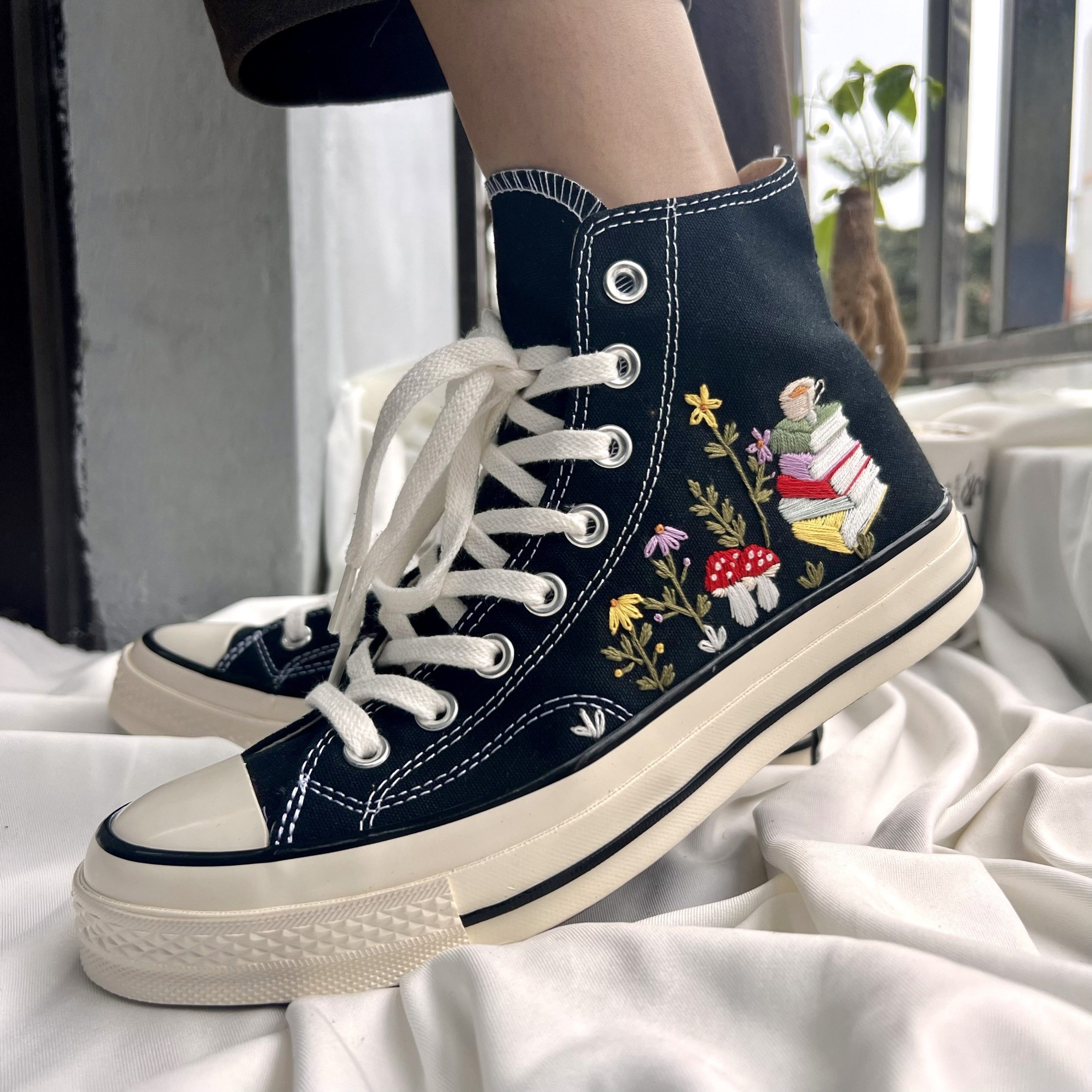 Embroidered Mushroom Flower Converse High Tops