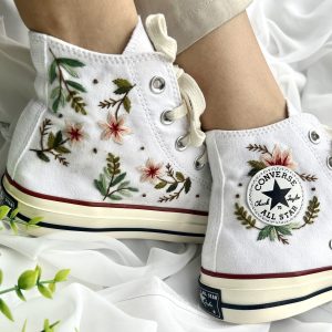 Embroidered Pink Flower Converse High Tops - Y2K Clothing