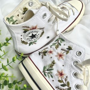 Embroidered Pink Flower Converse High Tops - Y2K Clothing