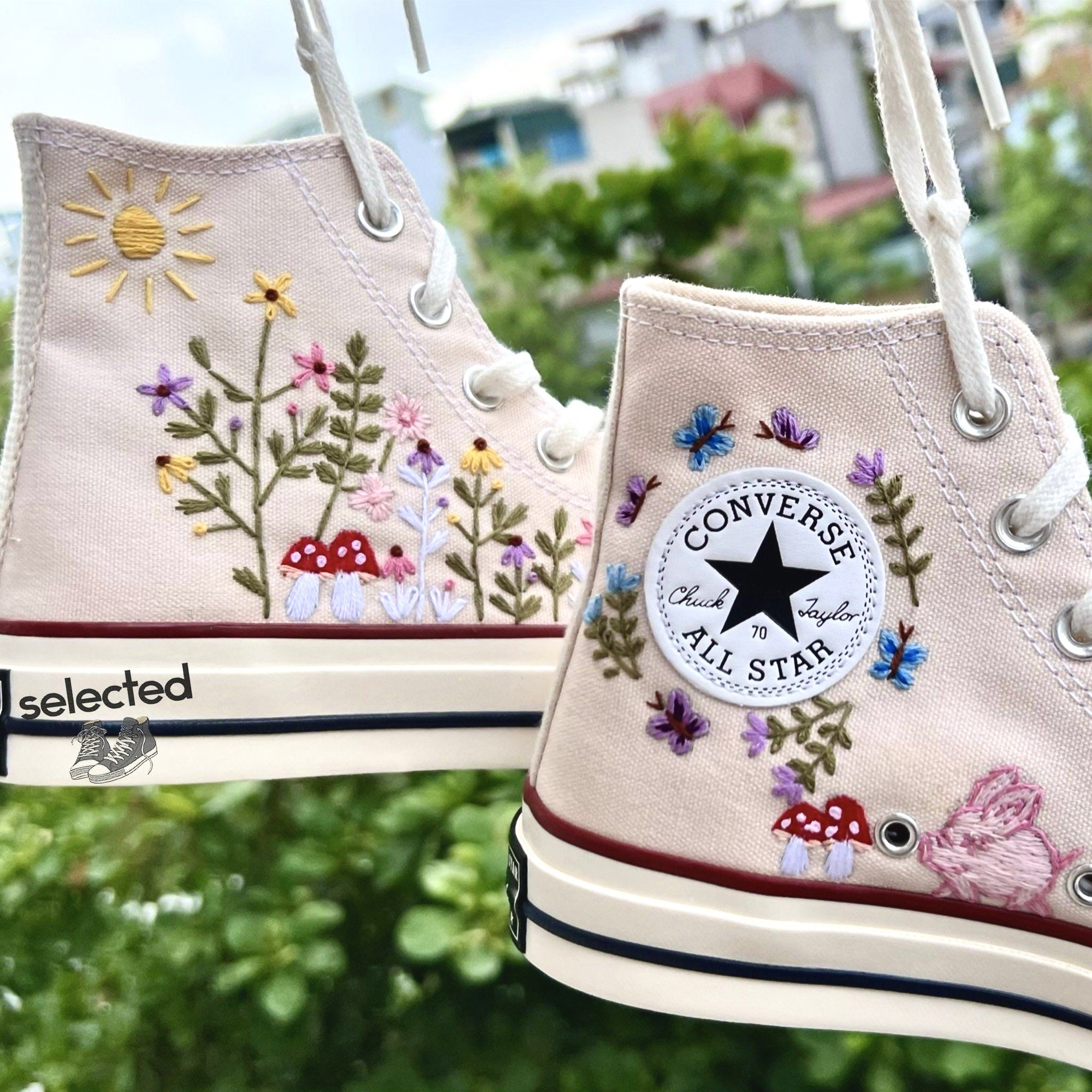 Embroidered Pink Pig Mushroom Converse Sneakers