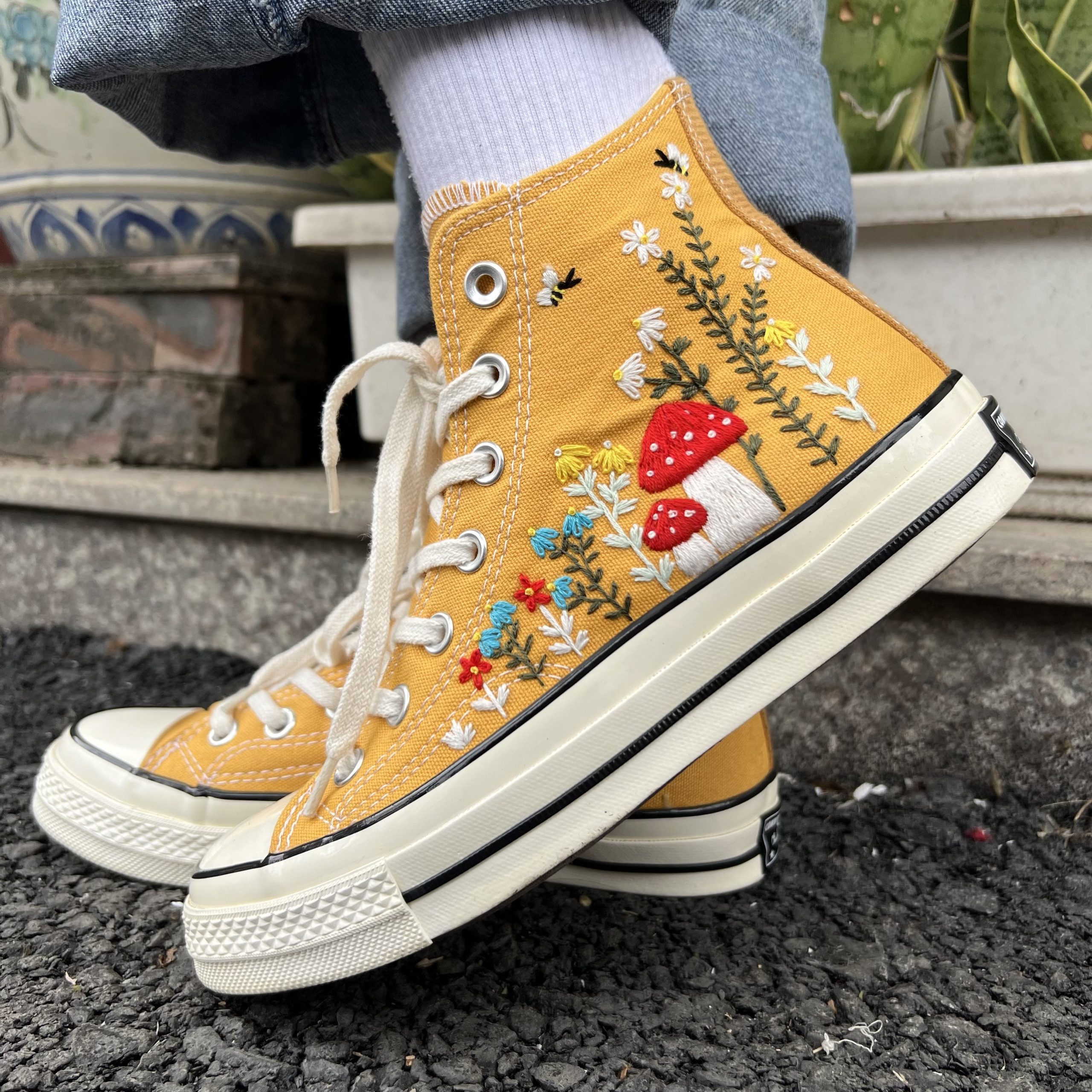 Embroidered Red Mushroom Converse High Tops