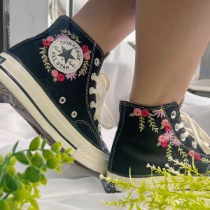 Embroidered Rose Logo Converse High Tops - Y2K Clothing