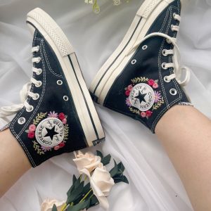 Embroidered Rose Logo Converse High Tops - Y2K Clothing