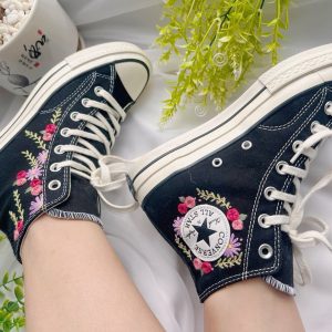 Embroidered Rose Logo Converse High Tops - Y2K Clothing