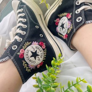 Embroidered Rose Logo Converse High Tops - Y2K Clothing