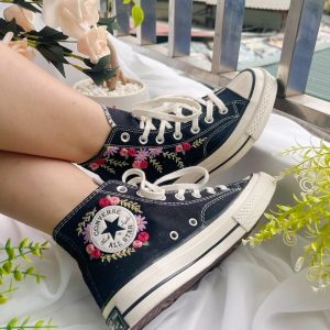 Embroidered Rose Logo Converse High Tops - Y2K Clothing