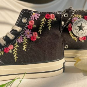 Embroidered Rose Logo Wedding Converse High Tops