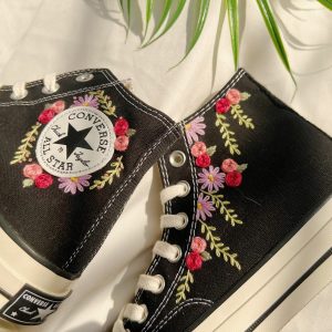 Embroidered Rose Logo Wedding Converse High Tops