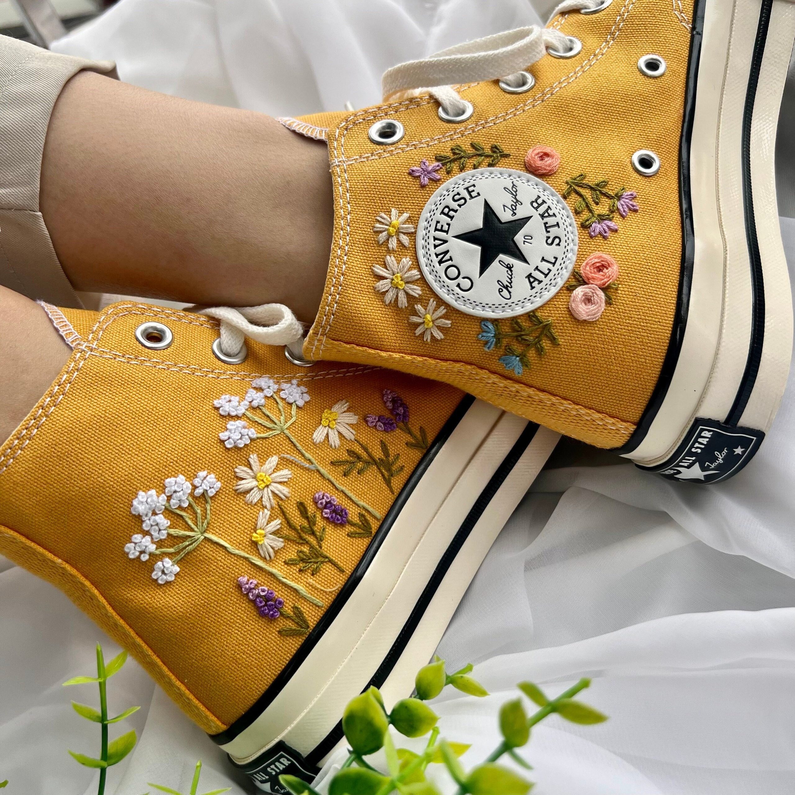 Embroidered Sweet Rose and Lavender Garden Converse High Tops