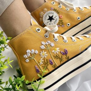 Embroidered Sweet Rose and Lavender Garden Converse High Tops