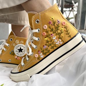 Embroidered Sweet Rose and Lavender Garden Converse High Tops