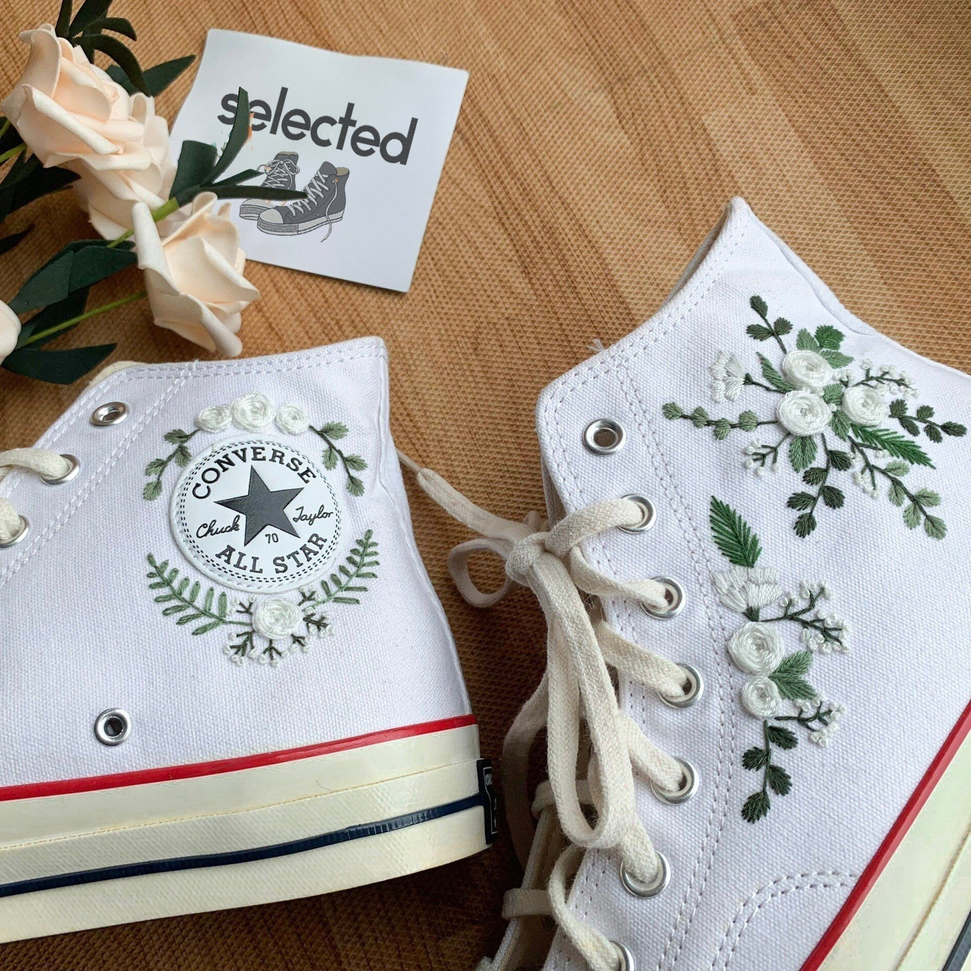 Embroidered White and Green Floral Wedding Converse