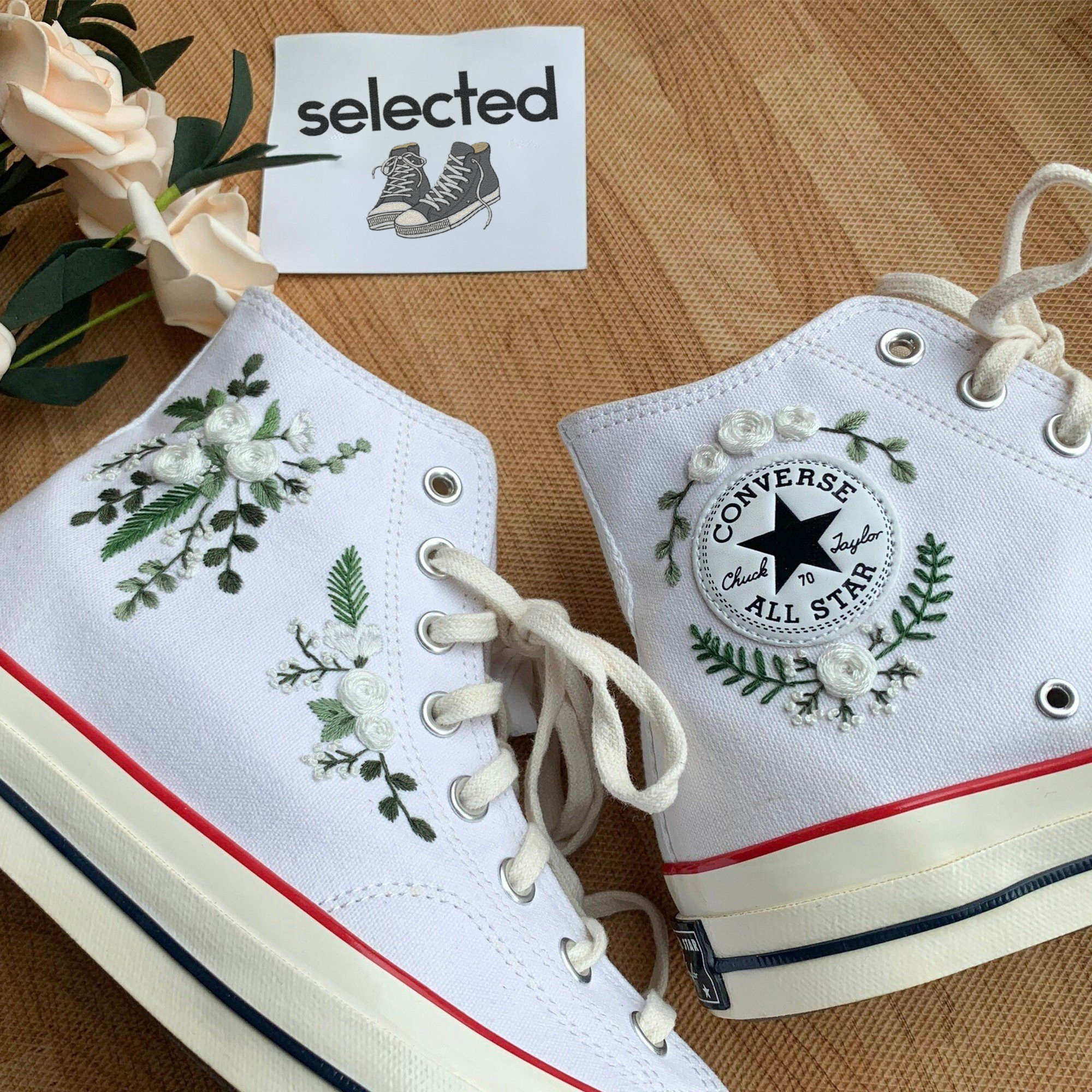 Embroidered White and Green Floral Wedding Converse