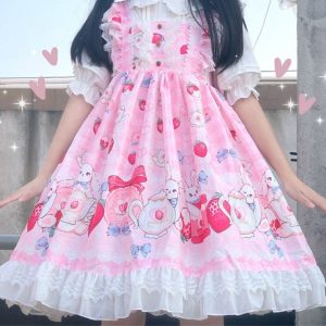 Enchanting Pink Rabbit Lolita Dress for Y2K Fashion