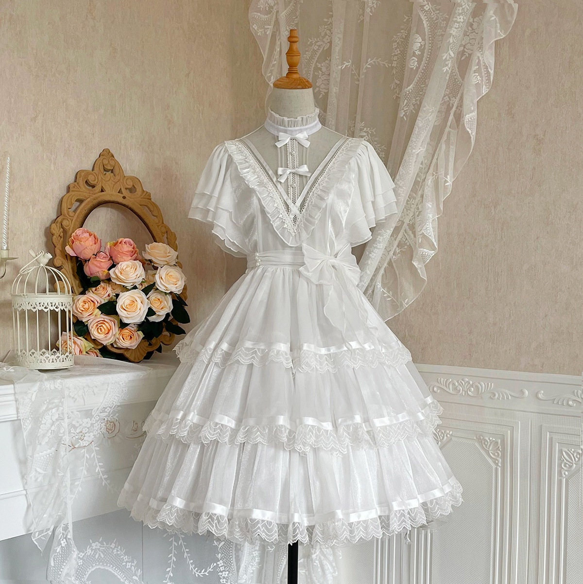 Fairy White Lace Lolita Dress with Bow Accent