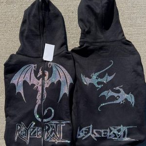 Fire Dragon Rhinestone Y2K Zip Hoodie