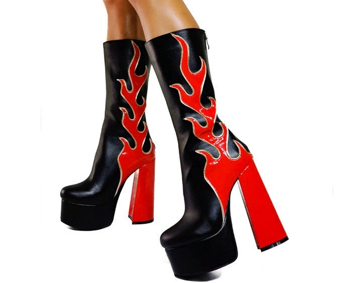 Flame Heels - Unisex Thick Square Black Platform Ankle Boots