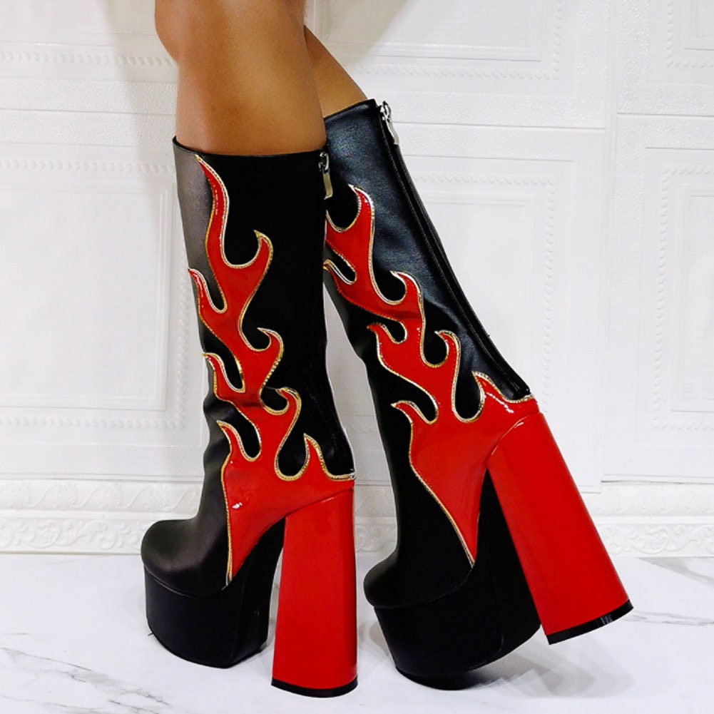 Flame Heels - Unisex Thick Square Black Platform Ankle Boots