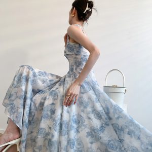 Floral Blue Rose Fairy Tulle Maxi Dress