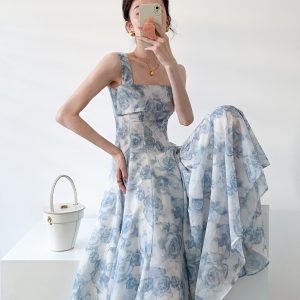 Floral Blue Rose Fairy Tulle Maxi Dress