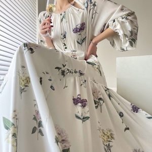 Floral Japanese Style Sun Dress with Lantern Sleeves