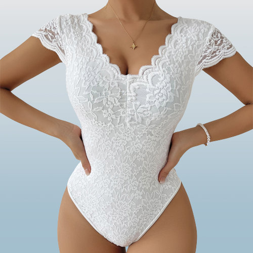 Floral Lace V-Neck Bodysuit - Y2K Clothing