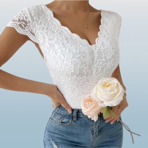 Floral Lace V-Neck Bodysuit - Y2K Clothing