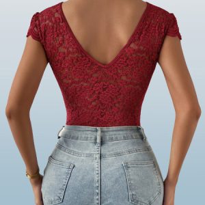 Floral Lace V-Neck Bodysuit - Y2K Clothing