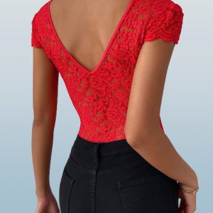 Floral Lace V-Neck Bodysuit - Y2K Clothing