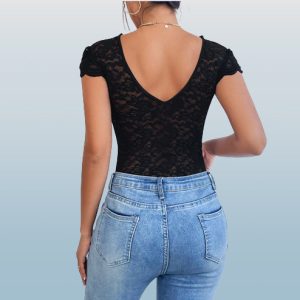 Floral Lace V-Neck Bodysuit - Y2K Clothing