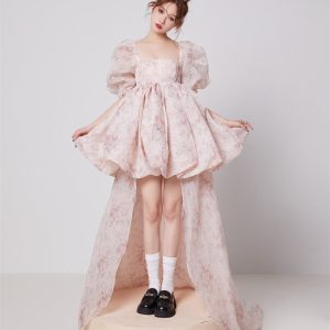 Floral Organza Bubble Sleeve Midi Dress