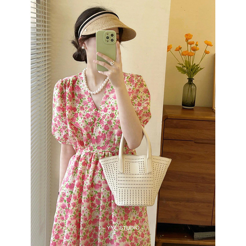 Floral Organza Bubble Sleeve Midi Dress