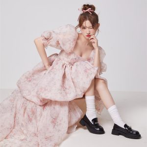 Floral Organza Bubble Sleeve Midi Dress