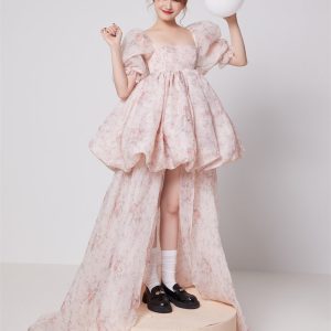 Floral Organza Bubble Sleeve Midi Dress