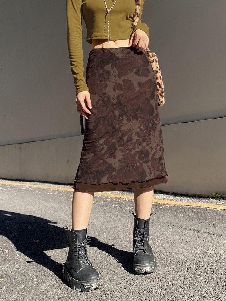 Floral Print Double Layer Mesh Midi Skirt - Y2K Streetwear