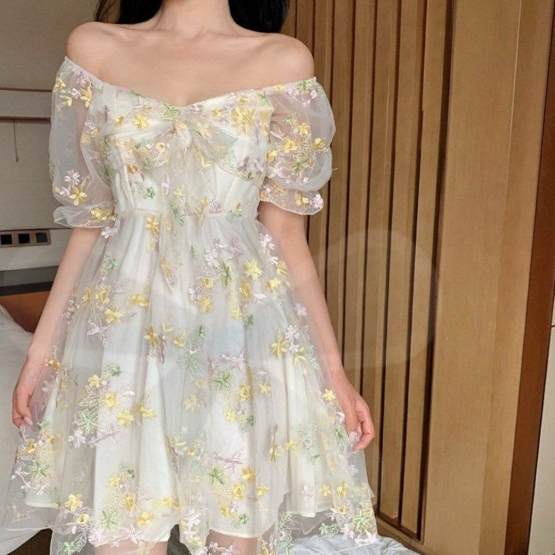 French Fairy Embroidery Floral Prom Dress