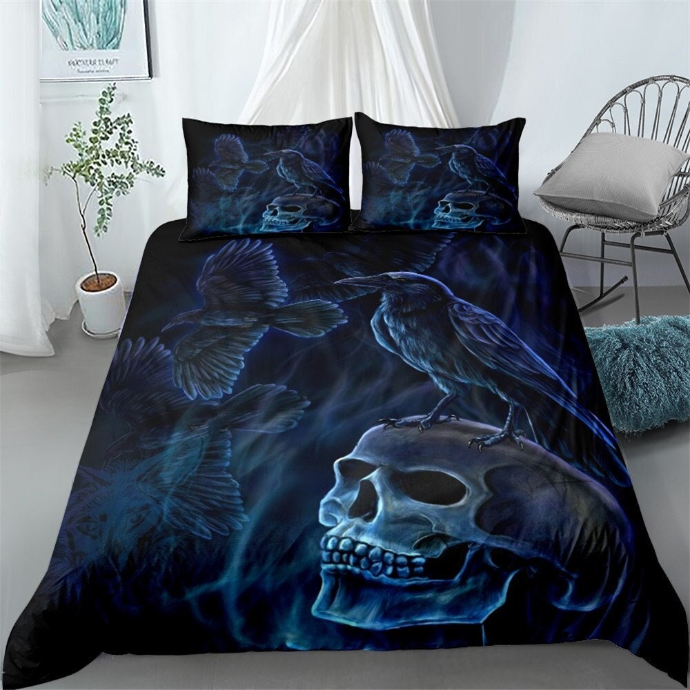 Gothic Crow Skull Skeleton Bedding Set - Y2K Clothing