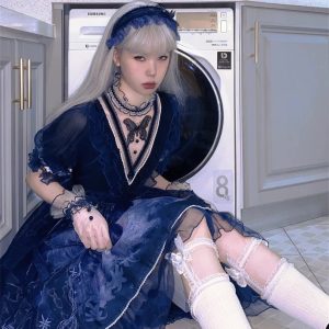 Gothic Dark Blue Butterfly Lolita Dress