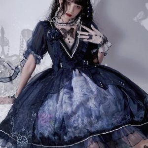 Gothic Dark Blue Butterfly Lolita Dress