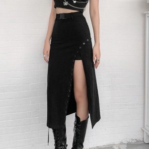 Gothic Side Slit Skirt - Women's Y2K Fashion