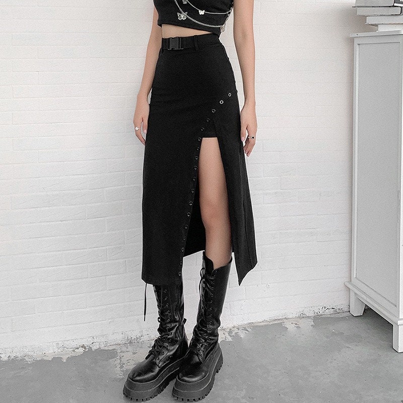 Gothic Side Slit Skirt - Women's Y2K Fashion