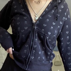 Gothic Skull Print Zip Hoodie - Y2K-Inspired Fashion Essential