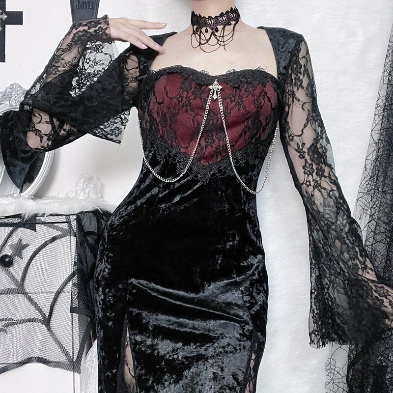 Gothic Velvet Midi Dress - Y2K Clothing